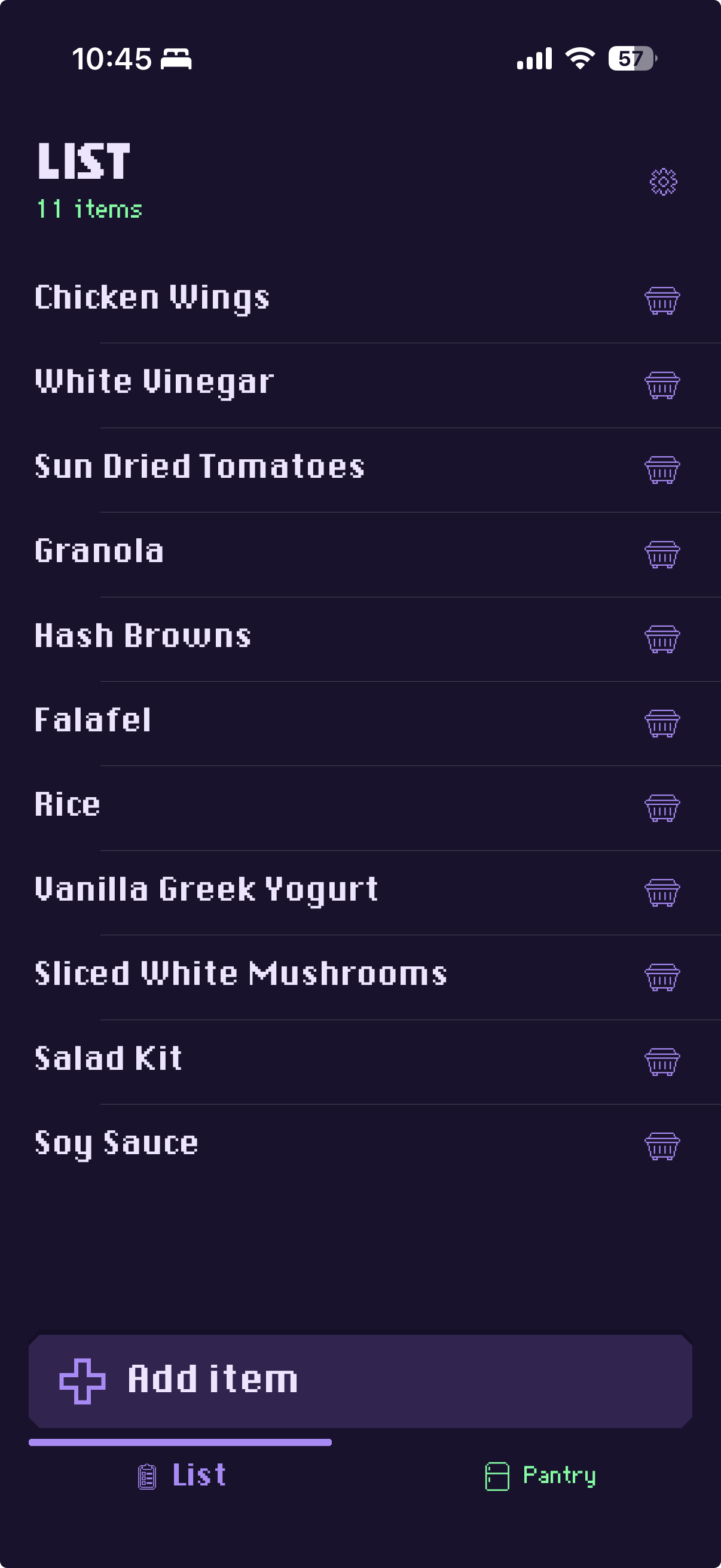 Ripe shopping list — 11 items including Chicken Wings, Granola, and Falafel