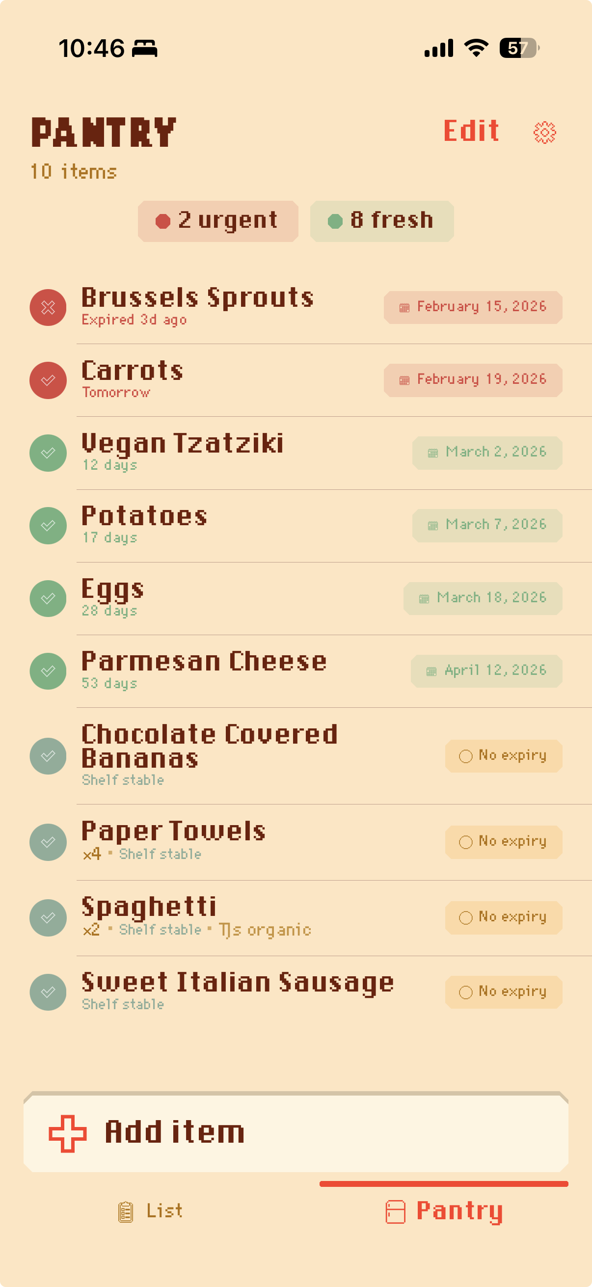 Ripe pantry view — colour-coded expiry tracking from expired to shelf stable